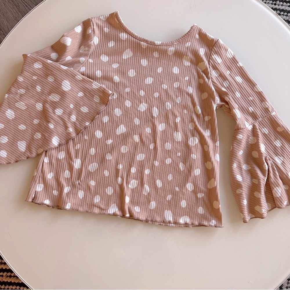 Oddy Girls Ribbed Polka Dot Neutral Top with Bell Sleeves
